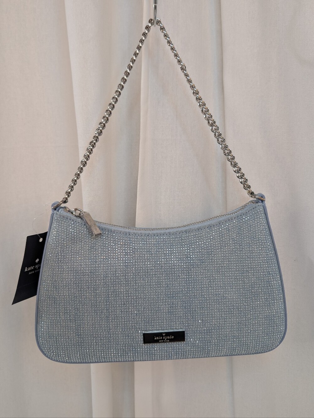 Kate Spade Madison Denim Rhinestone Studded Convertible Crossbody Light Blue - Picture 8 of 13